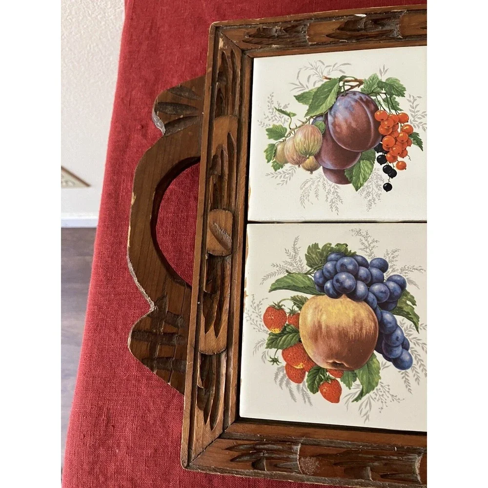 Vintage '70s Dal-Tile Carved Wooden Serving Tray with Ceramic Fruit Tiles Trivet